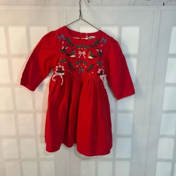 Boden NWT Pop Peony Festive Holiday Embroidered Long Sleeve Corduroy Dress 7-8Y - Picture 2 of 8